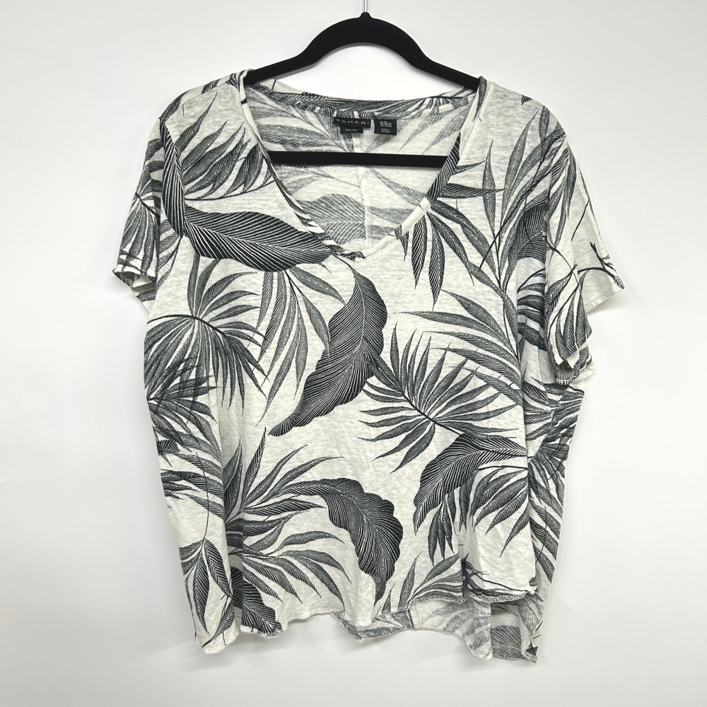 100% Linen‎ Tropical Palm Print Top 2X Coastal Resort Vacation Minimalist Euro